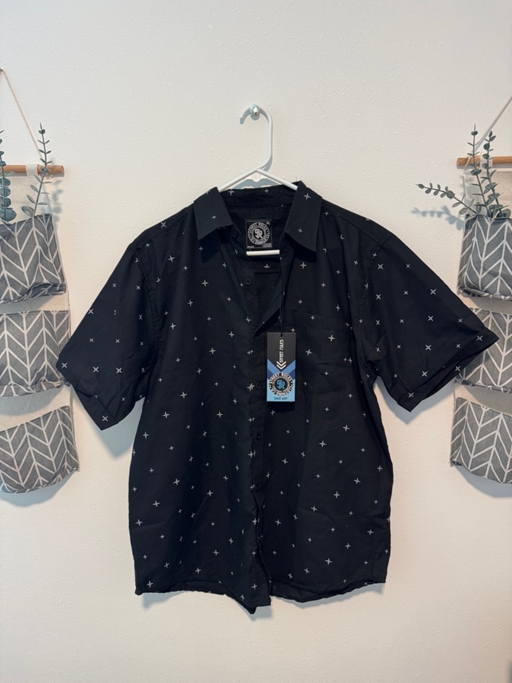 Short-Sleeve Black Button-Down Shirt with Subtle Cross Print